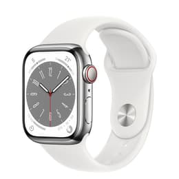 Apple Watch Series 8 (2022) GPS + Mobilnät 41 mm - Rostfritt stål Silver - Sportband Vit